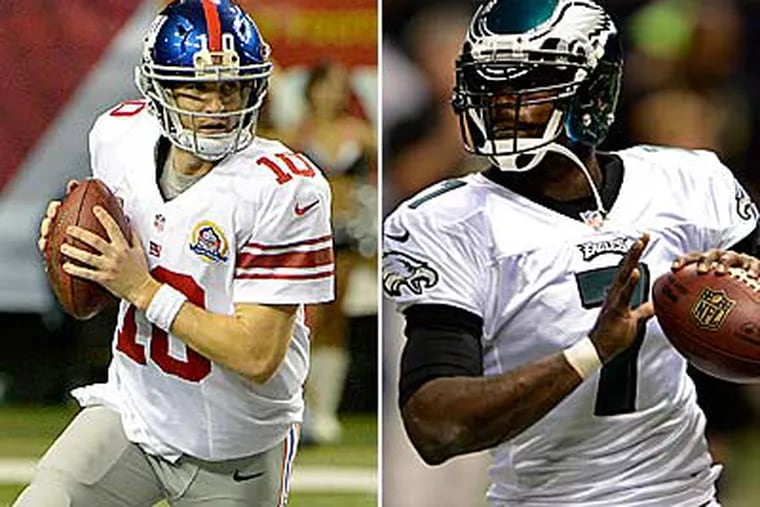 Eli Manning (left) and Michael Vick have combined for 24 interceptions this season. (AP photos)