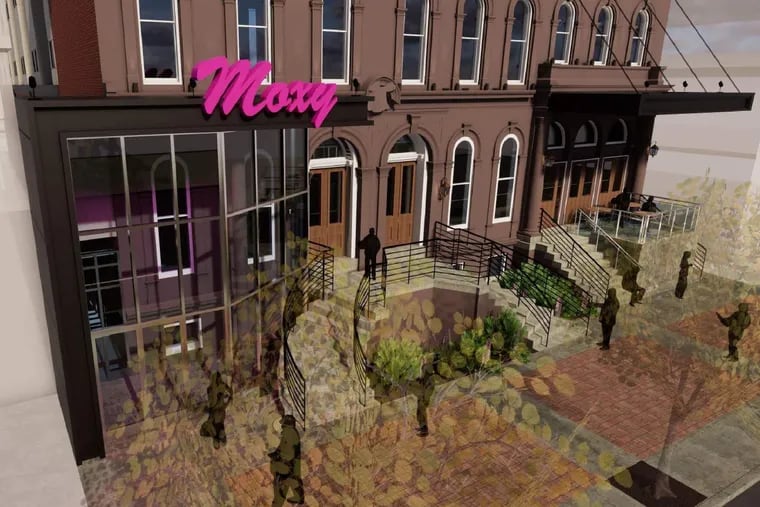 Artist's rendering of historic facade of the Blue Horizon boxing venue on North Broad Street after its transformation into a hotel under Marriott's Moxy brand.