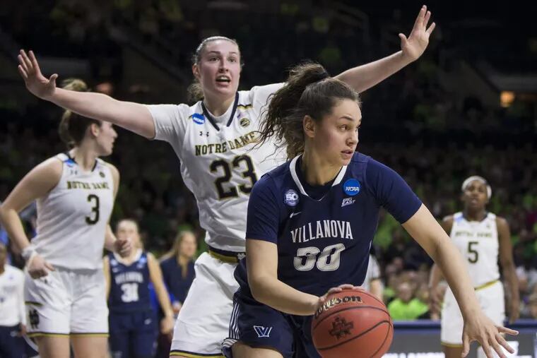 Villanova’s Mary Gedaka (30) moves around Notre Dame’s Jessica Shepard (23) during a second-round game in the NCAA women’s college basketball tournament.