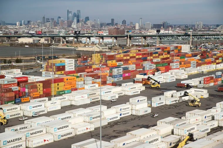 Stacked shipping containers at the Packer Avenue Marine Terminal of the Port of Philadelphia on Dec. 7, 2021.