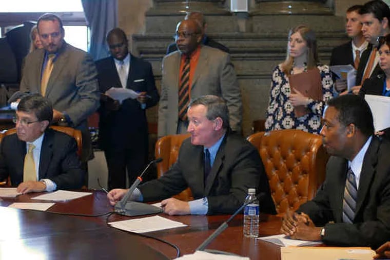 Council members (from left) Frank DiCicco, James F. Kenney, and Darrell L. Clarke during the meeting at which Council passed a $3.9 billion budget and a 9.9 percent property-tax increase.