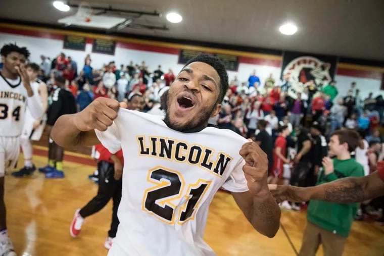 Lincoln’s Emeul Charleston reacts on the court after the team’s 77-70 win over Neshaminy in the PIAA Class 6A boys' basketball quarterfinal at Archbishop Ryan High School on Saturday, March 17, 2018.