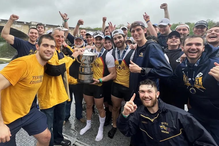 Drexel men's rowing celebrates its overall victory at the Dad Vail Regatta in 2022.