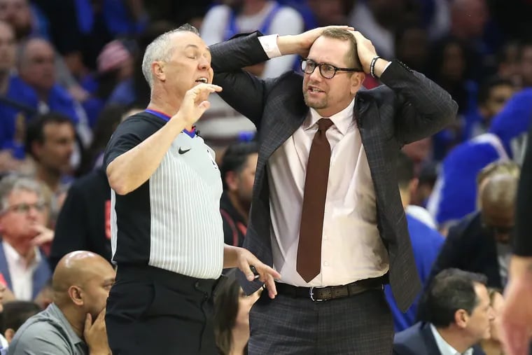 Head Coach Nick Nurse of the Raptors questions the call of an official during their NBA playoff game at the Wells Fargo Center on May 2, 2019.   