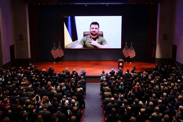 Ukrainian President Volodymyr Zelensky virtually addresses the U.S. Congress on March 16, 2022, at the US Capitol Visitor Center Congressional Auditorium, in Washington, D.C.