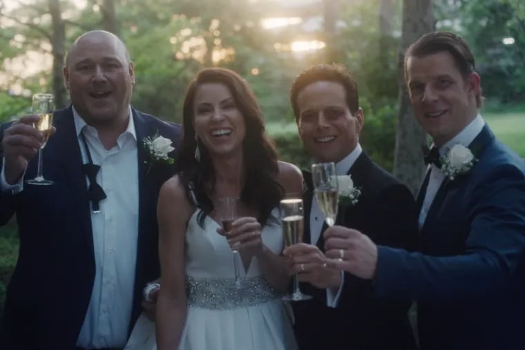 (From left) Will Sasso as James "BaBa" Battista, Lindsey Morgan as Tommy Martino's girlfriend Stephanie, Scott Wolf as Tommy Martino, and Eric Mabius as Tim Donaghy in the film "Inside Game."