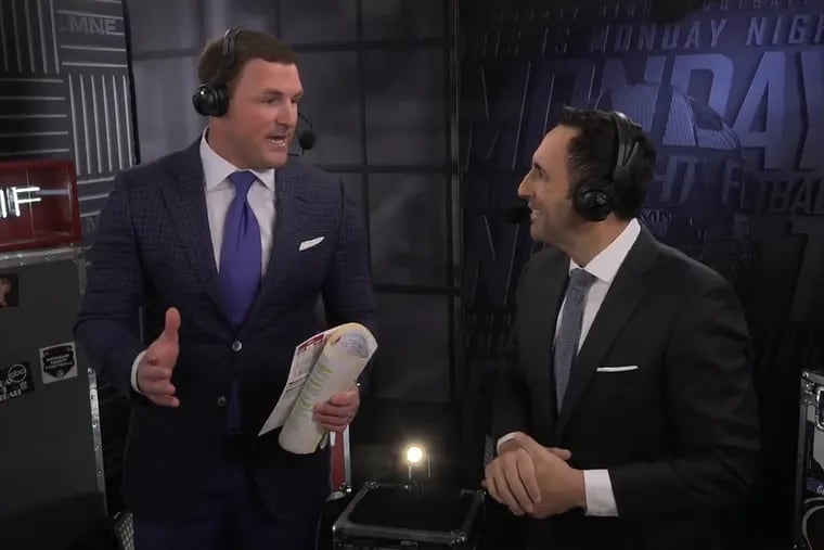 ESPN analyst Jason Witten (left) speaks to play-by-play announcer Joe Tessitore during Monday night's match-up between the New York Giants and the San Francisco 49ers.