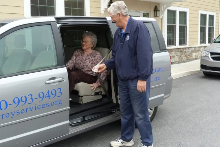 Using transportation from Surrey Services at Devon is Linda Scavello, 79. Her driver is Harvey Miller, 80.