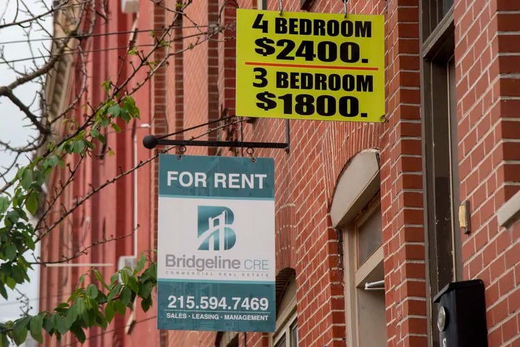 Signs for homes for rent in May 2021 in North Philadelphia. Median rent in the Philadelphia metropolitan area in May was $1,800 — about 7.5% higher than in May 2021.