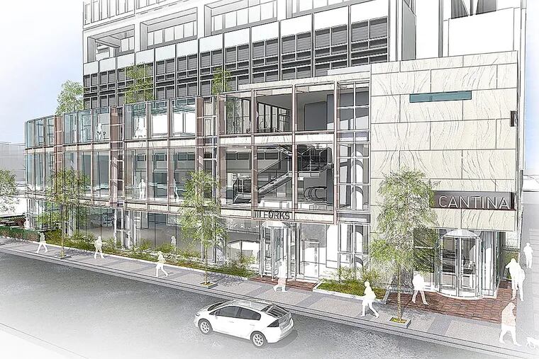 A rendering for the three-story addition to 1700 Market. The addition will fill in the existing plaza at 17th and Market with a small building housing three restaurants.