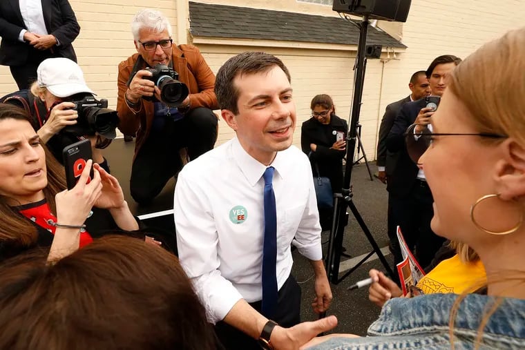 South Bend, Ind., Mayor Pete Buttigieg greets supporters as he joins Los Angeles Mayor Eric Garcetti at a rally on Thursday, May 9, 2019, in Los Angeles.