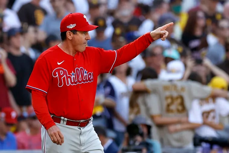 Phillies manager Rob Thomson makes a pitching change in the fifth inning of Game 2 of the NLCS against the Padres.