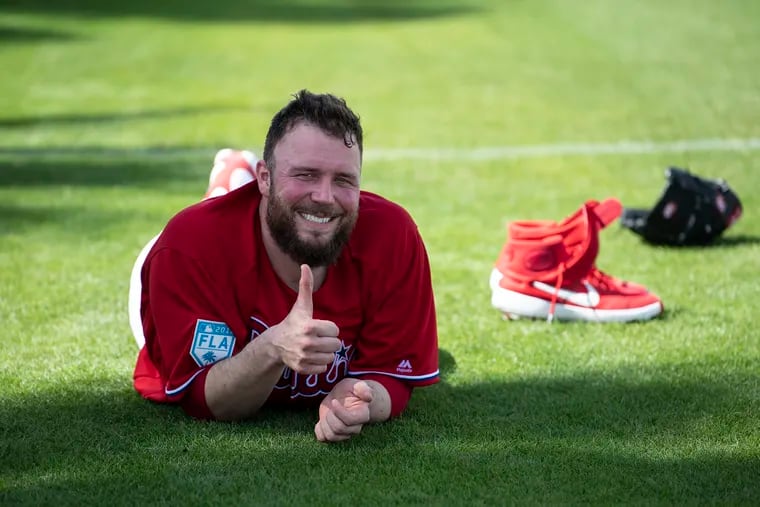 Phillies pitcher, Tommy Hunter takes a moment to relax during spring training workouts at Spectrum Field in Clearwater, Fla. Friday, Feb. 15, 2019.