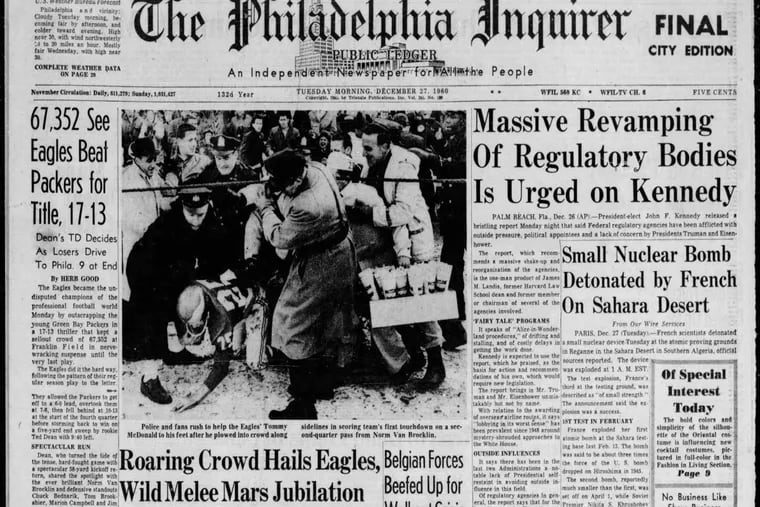 The front page of the Inquirer the morning after the Eagles won the 1960 NFL title at Franklin Field.