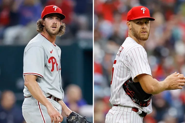 Phillies pitchers Aaron Nola, left, and Zack Wheeler, right.