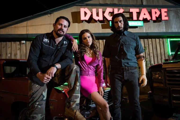 Channing Tatum (left), Riley Keough, and Adam Driver star in “Logan Lucky.”
