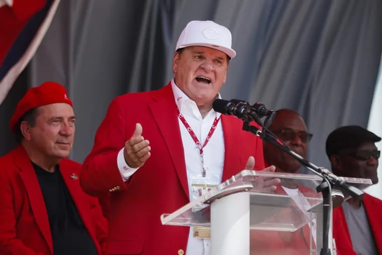 Former Reds and Phillies player Pete Rose speaks during a ceremony to dedicate of a statue of his likeness outside Cincinnati’s Great American Ballpark in June.