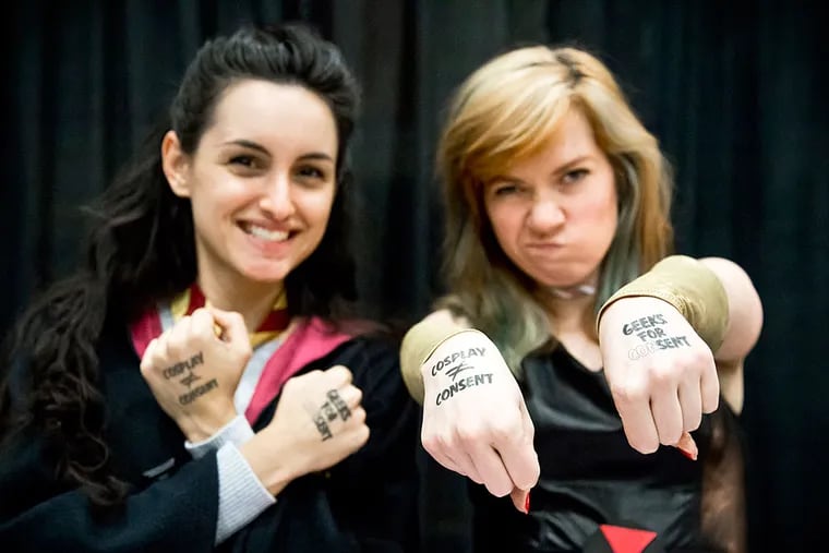 Activists Rochelle Keyhan (left as Hermione from "Harry Potter") and Erin Filson (as Marvel’s the Black Widow) of Geeks for CONsent are leading the battle against harassment at comic-book conventions.