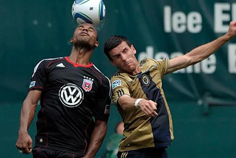 D.C. United defender Julius James heads the ball over Union midfielder Sebastien Le Toux. (AP Photo/Susan Walsh)