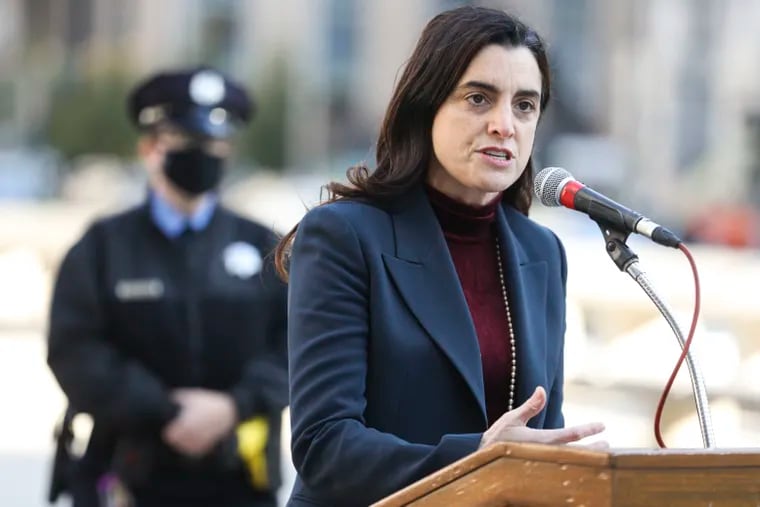 City Controller Rebecca Rhynhart speaks during a press conference at Thomas Paine plaza outside of the Municipal Services Building on Wednesday.