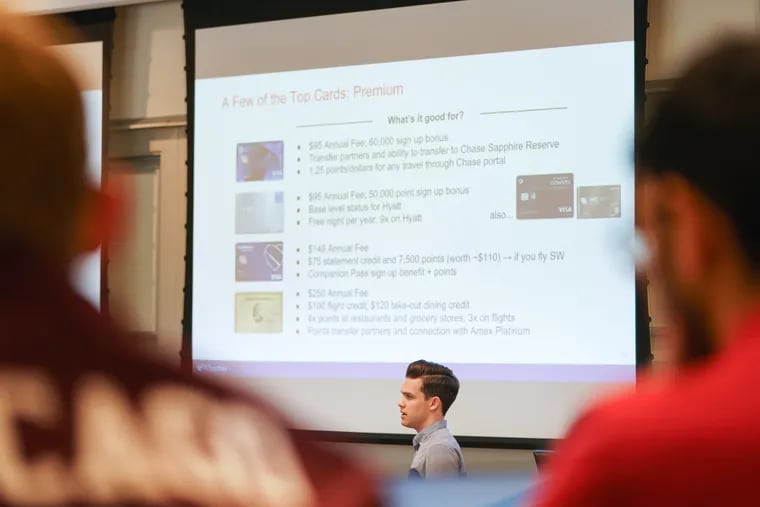 Michael Hamilton, , a Wharton student in the school’s Common Cents club, speaks about credit card rewards during a  program on How to Get the Most Out of Your Credit Card hosted by Wharton, at UPenn in Philadelphia.
