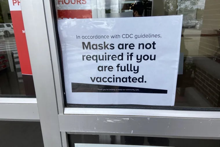 The sign outside the Giant in the Flourtown Shopping Center on Monday, May 31, 2021, says customers don't have to wear masks if they are fully vaccinated.