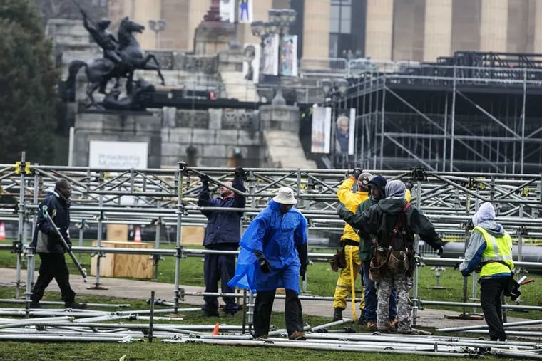 Preparation and construction for the NFL Draft is ramping up on the Ben Franklin Parkway, and workers and setting up a stage at the Art Museum.