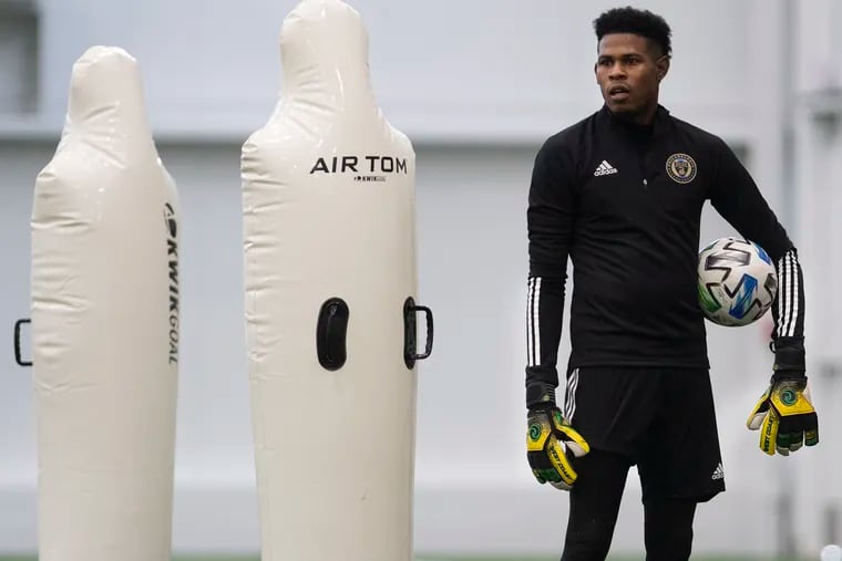 Union goalkeeper Andre Blake on the field during the team's first week of preseason training.