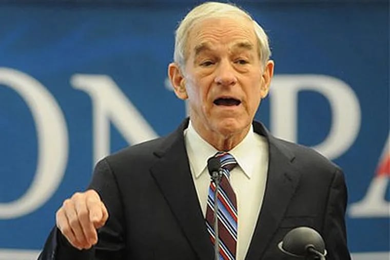 Republican presidential candidate Rep. Ron Paul, R-Texas, addresses a gathering of supporters at a rally on Tuesday, March 6, 2012 in Nampa, Idaho. (AP Photo / Idaho Press-Tribune, Charlie Litchfield)