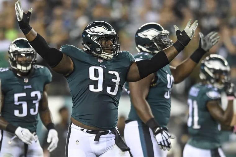 The Eagles defensive tackle Tim Jernigan encourages the crowd to cheer during the game against the Washington Redskins at Lincoln Financial Field October 23, 2017. Eagles beat Washington 34-24. CLEM MURRAY / Staff Photographer