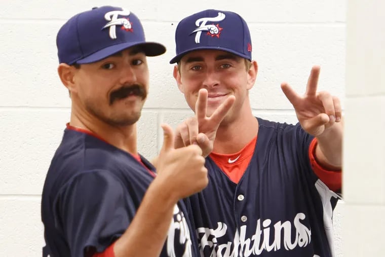 Reading Phillies teammates Trevor Bettencourt, left, and Tyler Gilbert during a media day at the First Energy Stadium in April 2018.