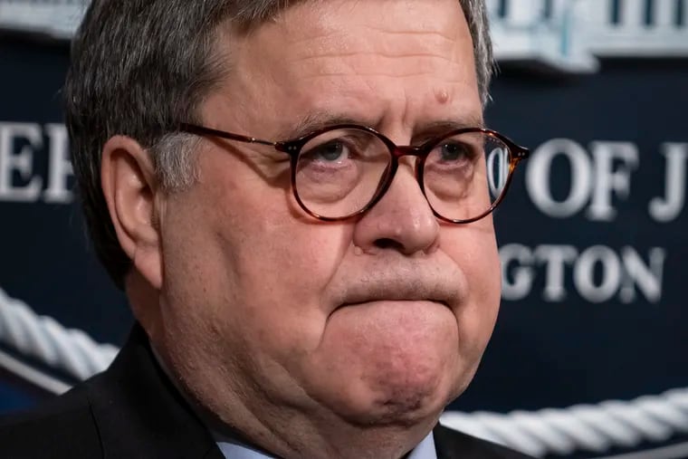 FILE - In this Jan. 13 file photo, Attorney General William Barr speaks to reporters at the Justice Department in Washington. (AP Photo/J. Scott Applewhite, File)