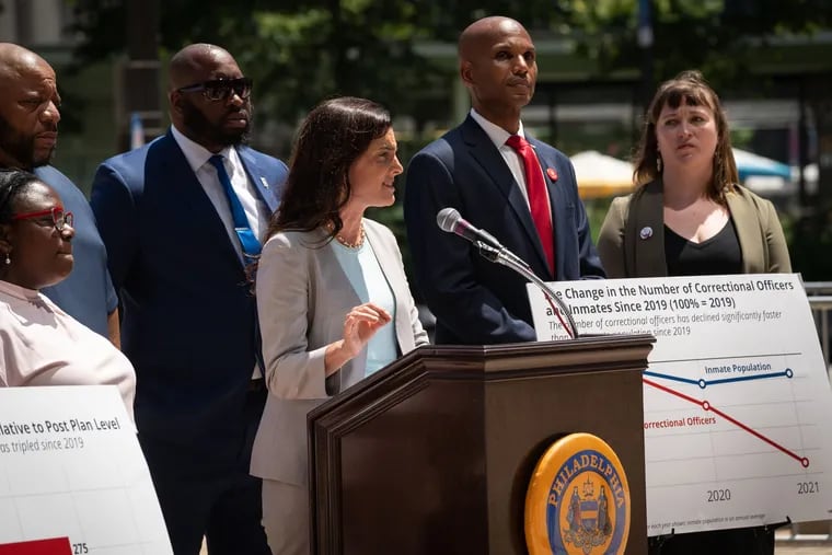City Controller Rebecca Rhynhart speaks at a press conference to discuss conditions at the Philadelphia Department of Prisons. She's seen with City Councilmember Kendra Brooks (left) and officials from AFSCME District Council 33 and the Pennsylvania Prison Society.