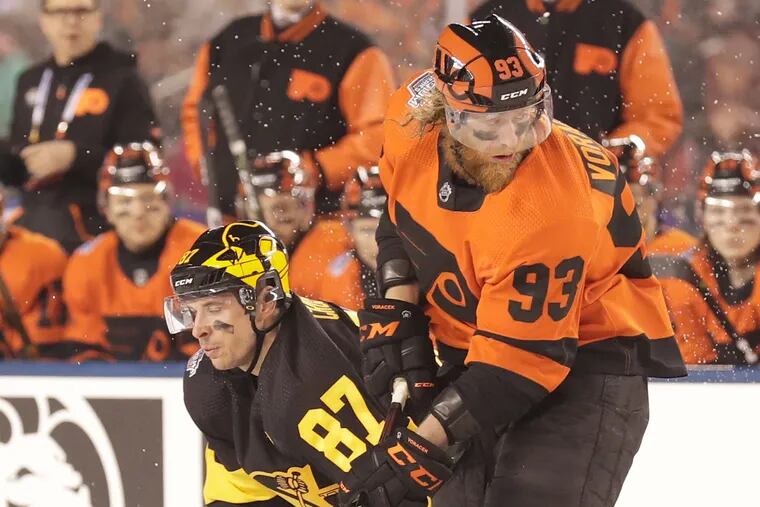 Jake Voracek, defending Pittsburgh's Sidney Crosby during the Stadium Series game, has played an immense role in the Flyers' 16-3-2 run.