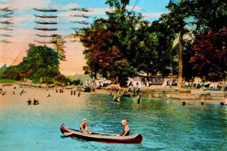 Postcard of a bathing beach at Burlington Island, circa early 1900s.