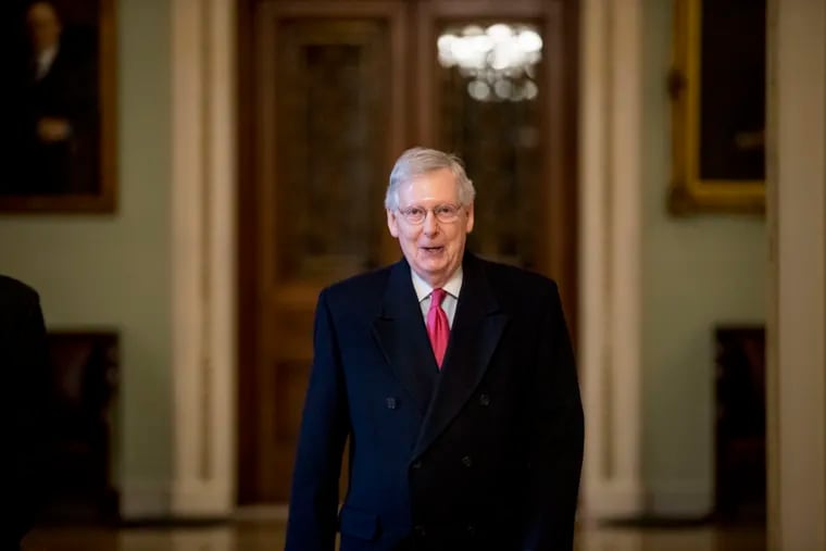 In this Jan. 3, 2019, photo, Senate Majority Leader Mitch McConnell of Ky. arrives on Capitol Hill in Washington, as the 116th Congress begins.