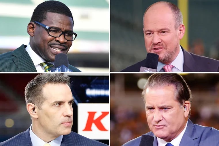 The NFL Network will use four announcers to call Sunday's Eagles-Jaguars game in London (clockwise from top left): Michael Irvin, Rich Eisen, Steve Mariucci and Kurt Warner.