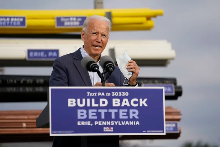Democratic presidential nominee Joe Biden speaks at the Plumbers Local Union No. 27 training center on Saturday in Erie, Pa.