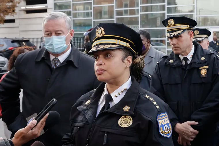 Mayor Jim Kenney,Police Commissioner Danielle Outlaw and Deputy Police Commissioner Ben Naish outside Temple Hospital after an off-duty Philapolice officer was shot multiple times on Dec. 1.
