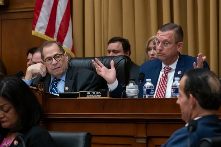 House Judiciary Committee Chairman Jerrold Nadler (left, D-N.Y.) listens to a spirited objection by Rep. Doug Collins (R-Georgia), the ranking member, as the panel moved to approve guidelines for impeachment investigation hearings in September.