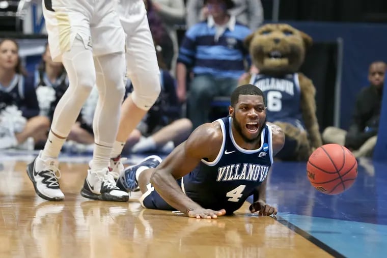 Eric Paschall of Villanova can't get to a loose ball before it goes out of bounds against Purdue during the first half of a 2nd round NCAA Tournament game at the XL Center in Hartford, CT on March 23, 2019.