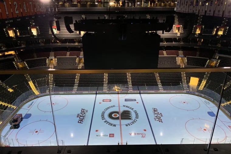The center-ice view of the ice from the Assembly Room at the Wells Fargo Center.