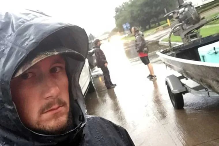 Jordy Bloodsworth, a member of the volunteer group known as the “Cajun Navy,” raced to Texas from Louisiana to help flood victims.