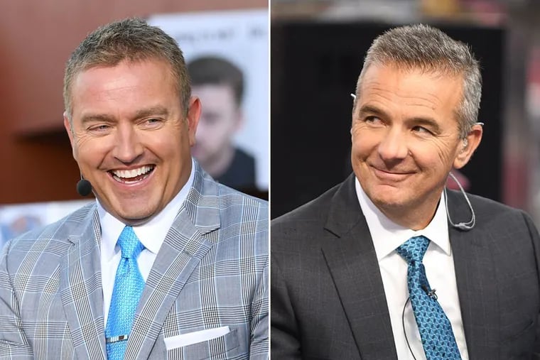 ESPN's Kirk Herbstreit (left) and Fox's Urban Meyer (right) will go heads-to-heat Saturday morning, which both "College GameDay" and "Big Noon Kickoff" both broadcasting from Ohio Stadium ahead of Penn State's match-up with Ohio State.