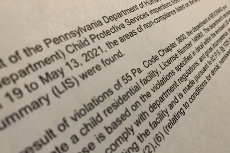 Part of the licensing action letter from the Department of Human Services to Legacy Treatment Services.
