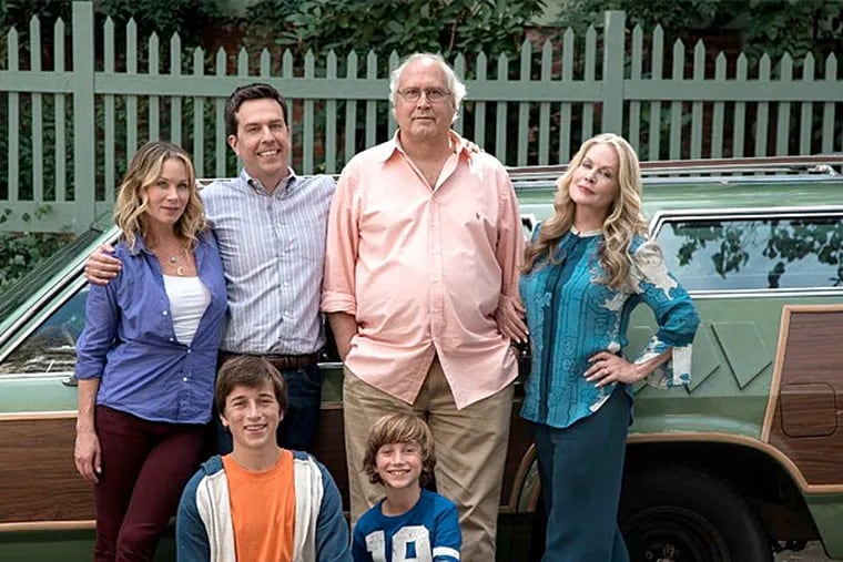 The updated &quot;Vacation&quot; stars, clockwise from left, Christina Applegate as Debbie Griswold and Ed Helms as the grown-up Rusty Griswold, with Chevy Chase and Beverly D'Angelo as Clark and Ellen Griswold, and Steele Stebbins as Kevin and Skyler Gisondo as James. (Warner Bros. Pictures)