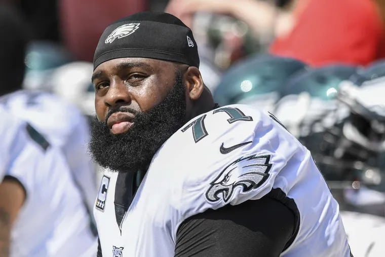 Eagles left tackle Jason Peters on the bench during the game at FedEx Field in Landover, MD September 10, 2017. Eagles won 30-17. CLEM MURRAY / Staff Photographer
