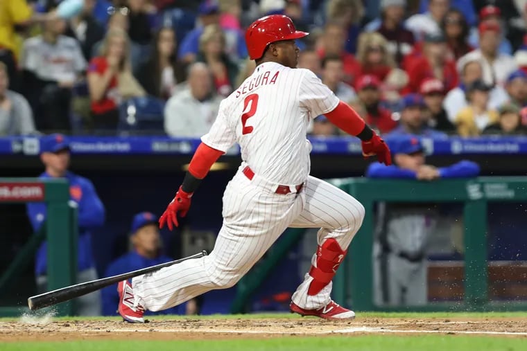 Jean Segura of the Phillies bats for the second time against the Mets in the first inning at Citizens Bank Park on April 16, 2019.  He left the game with a hamstring injury after the 1st inning.
