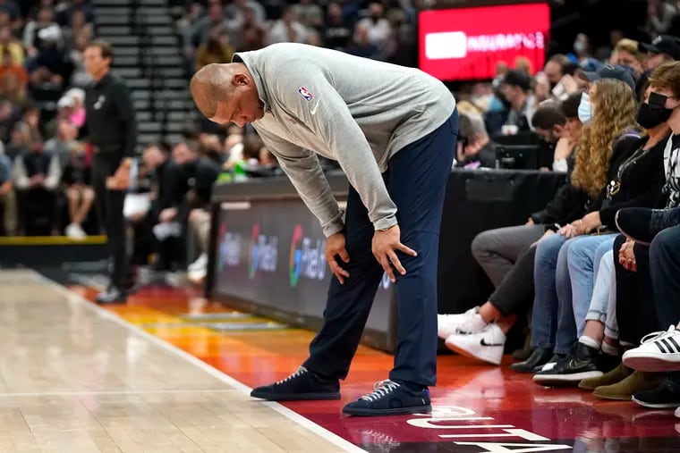Sixers coach Doc Rivers looks at the floor during the first half of his team's loss to Utah on Tuesday night.