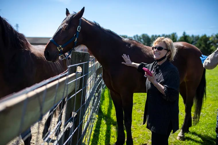 Darlene Supnick, owner of Forgotten Angels Equine Rescue, stands beside Sue’s Destroyer, 13, a Standardbreed Trotter horse, who was saved just before being sent to slaughter.